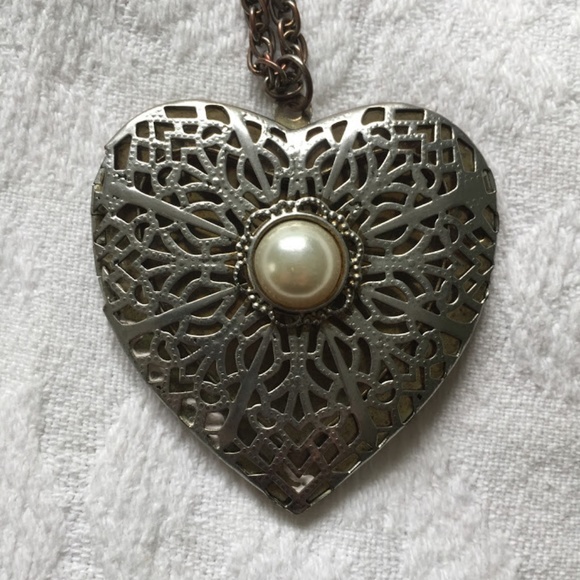 Long, Large Heart Locket Necklace w/ Pearl Accent - Picture 2 of 5